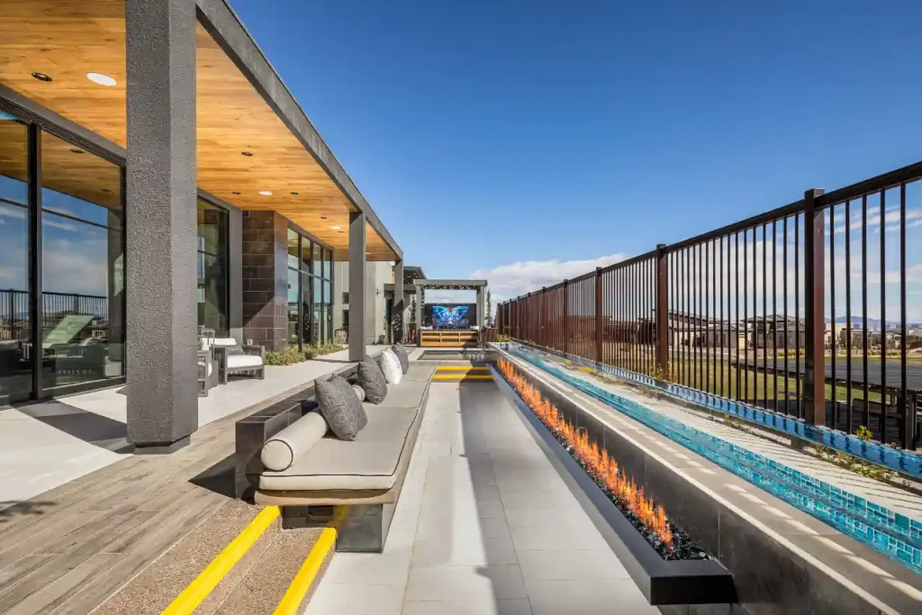 Patio and outdoor living by Edgewater Custom Pools – Peak Cascade Modern Sunken Patio Daylight