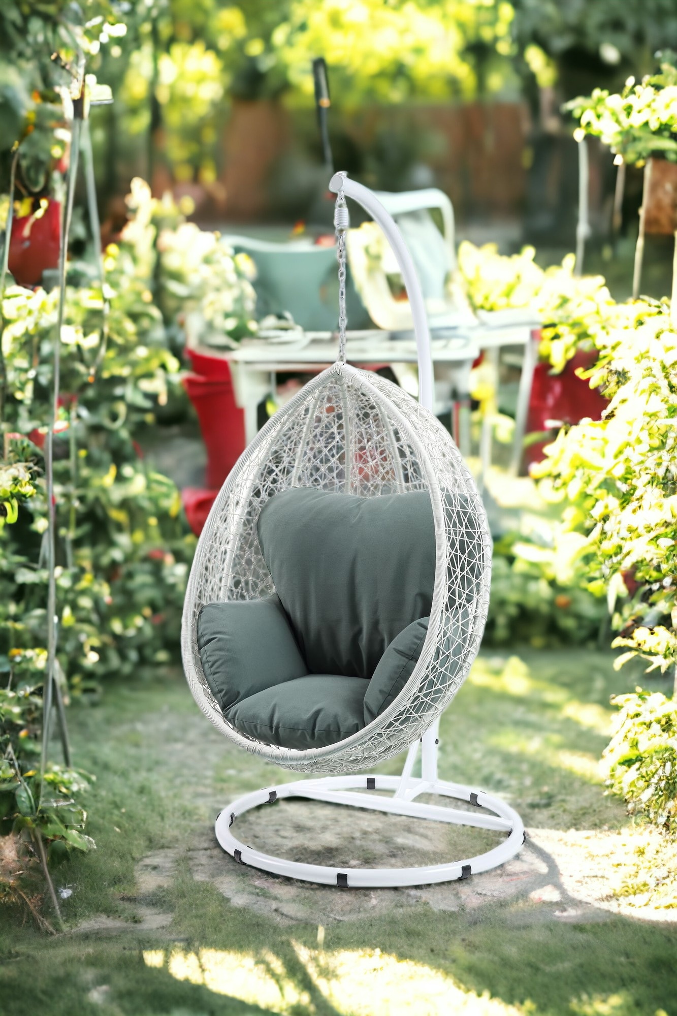 38" White Metal Swing Chair With Green Cushion - Image 4