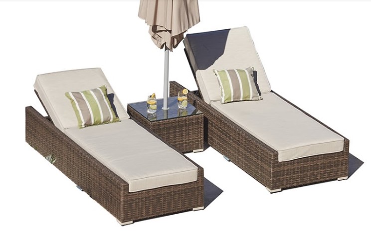 78" Set of Two Brown Indoor Outdoor Chaise Lounge with Beige Cushion - Image 3