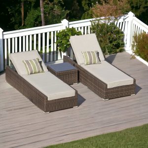 78" Set of Two Brown Indoor Outdoor Chaise Lounge with Beige Cushion