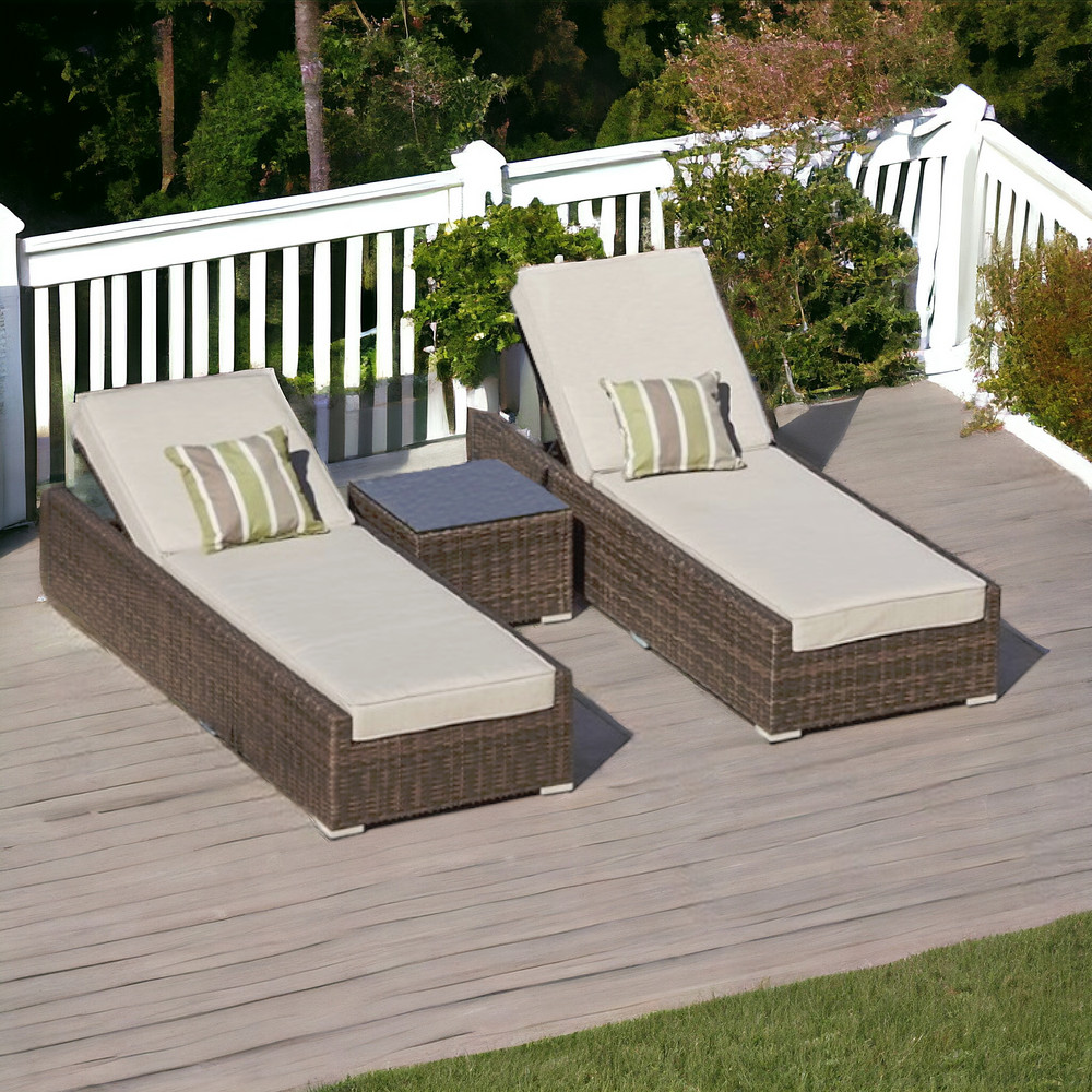 78" Set of Two Brown Indoor Outdoor Chaise Lounge with Beige Cushion