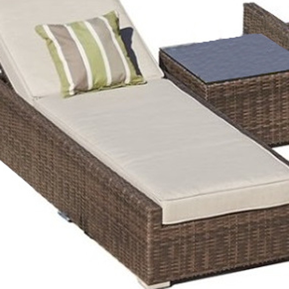 78" Set of Two Brown Indoor Outdoor Chaise Lounge with Beige Cushion - Image 4