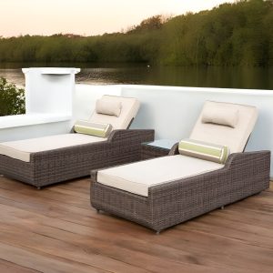 78" Set of Two Brown Indoor Outdoor Chaise Lounge with Beige Cushion