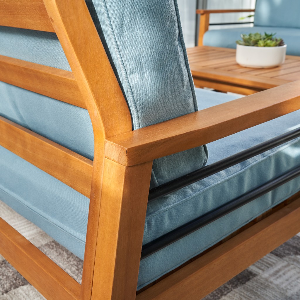 Natural Wood Outdoor Armchair with Aqua Cushion - Image 6