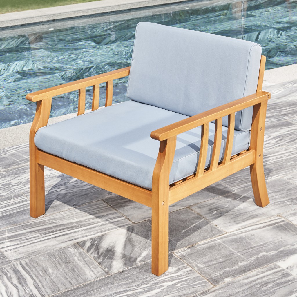 33" Natural Eucalyptus Slat Wood Outdoor Accent Chair with Aqua Cushion - Image 4