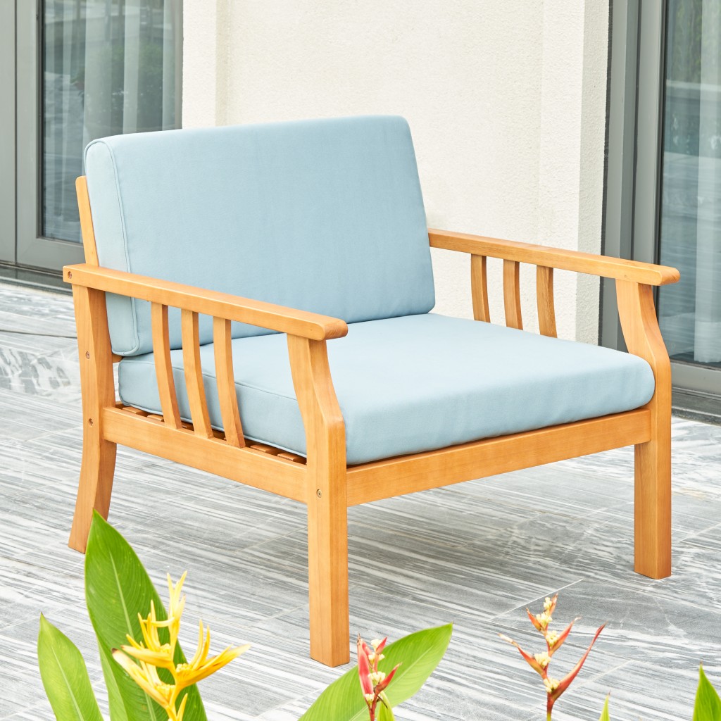 33" Natural Eucalyptus Slat Wood Outdoor Accent Chair with Aqua Cushion - Image 5