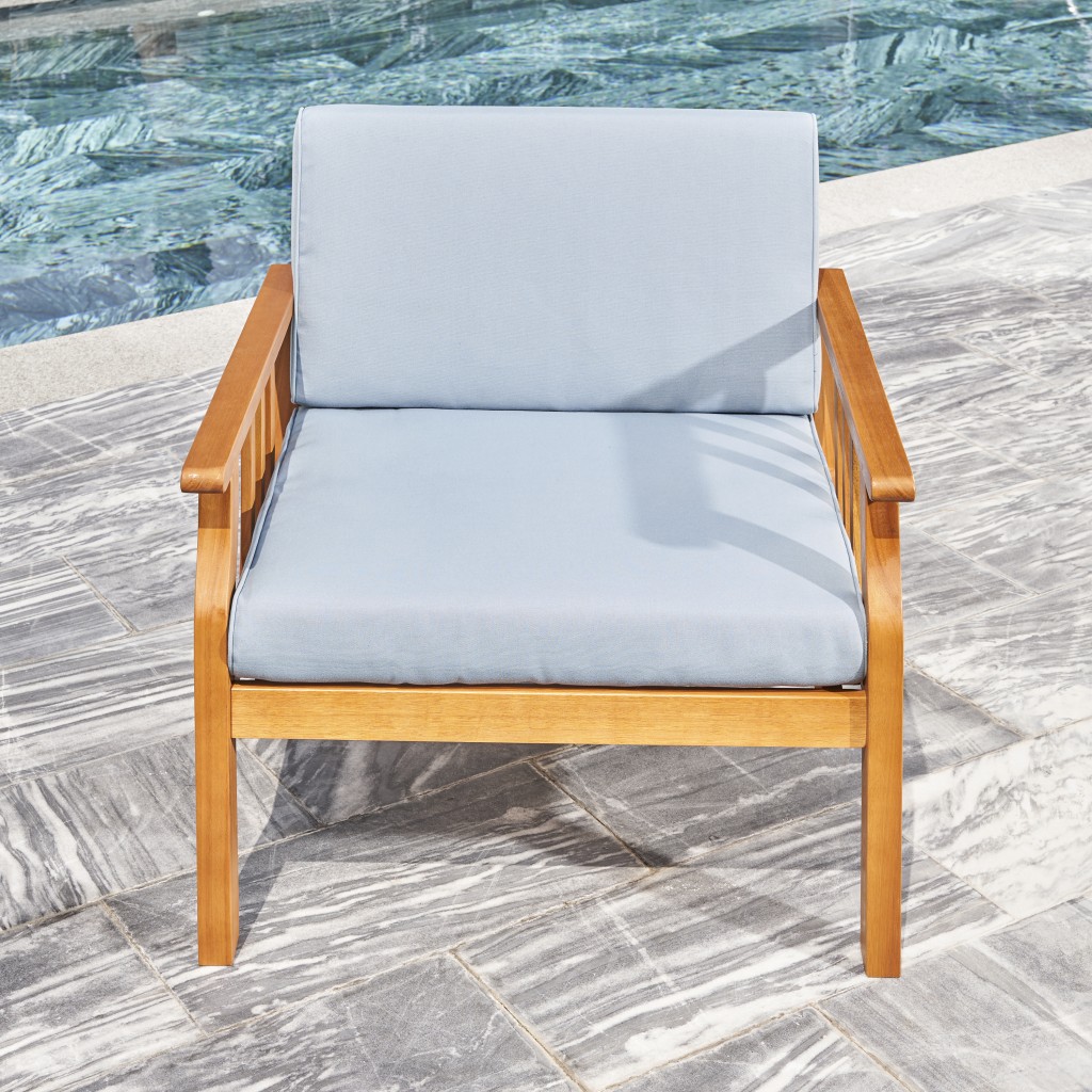 33" Natural Eucalyptus Slat Wood Outdoor Accent Chair with Aqua Cushion - Image 6