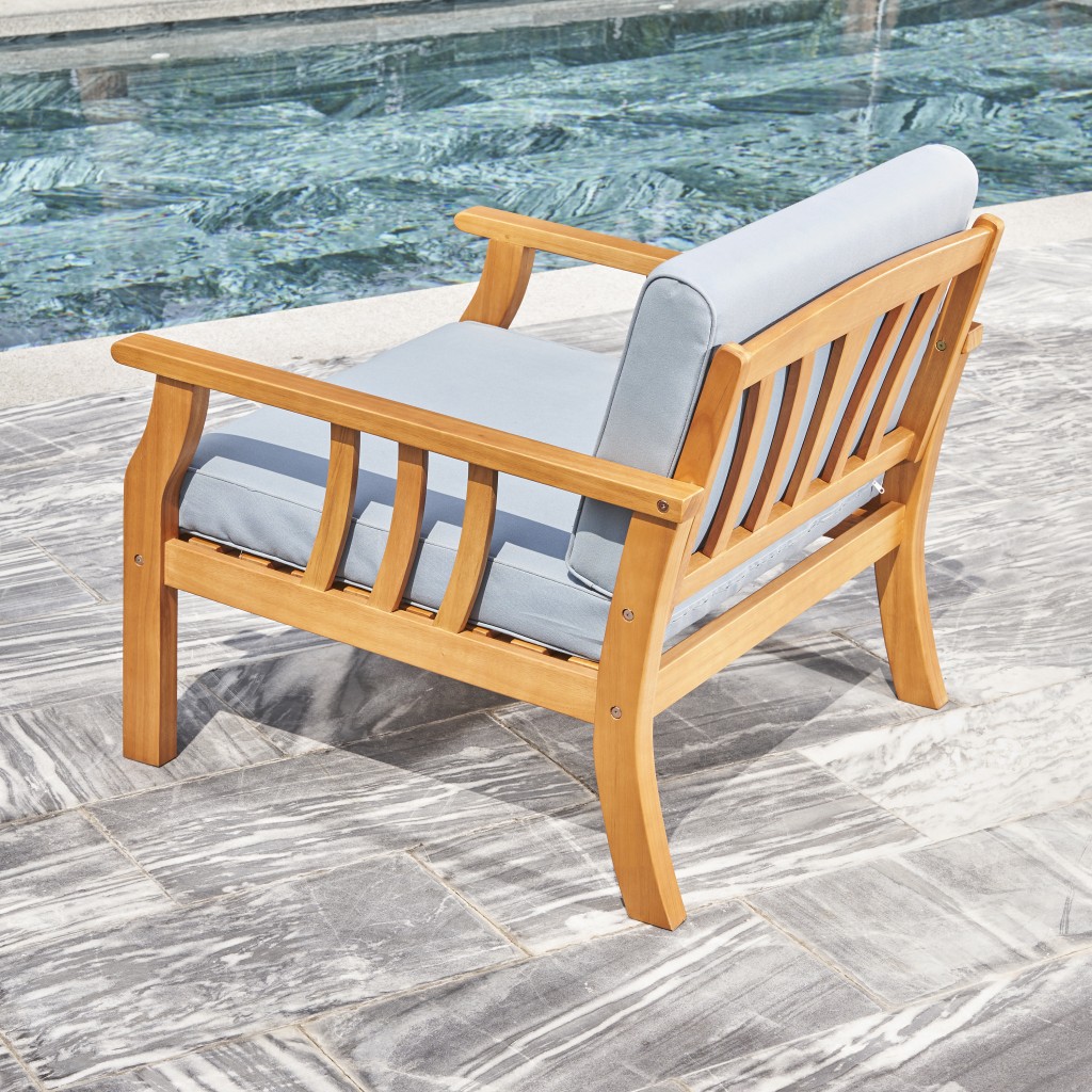 33" Natural Eucalyptus Slat Wood Outdoor Accent Chair with Aqua Cushion - Image 7