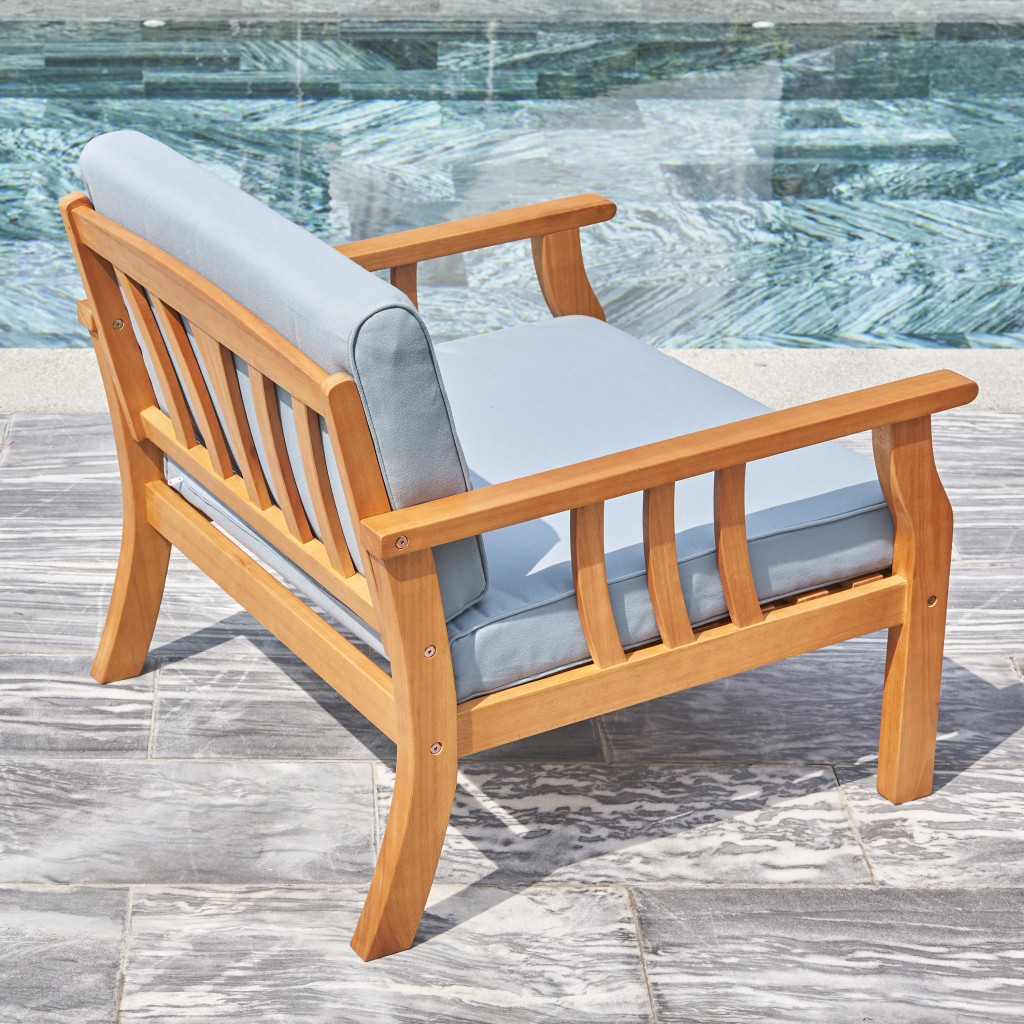 33" Natural Eucalyptus Slat Wood Outdoor Accent Chair with Aqua Cushion - Image 8