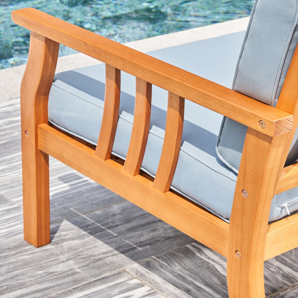 33" Natural Eucalyptus Slat Wood Outdoor Accent Chair with Aqua Cushion - Image 9