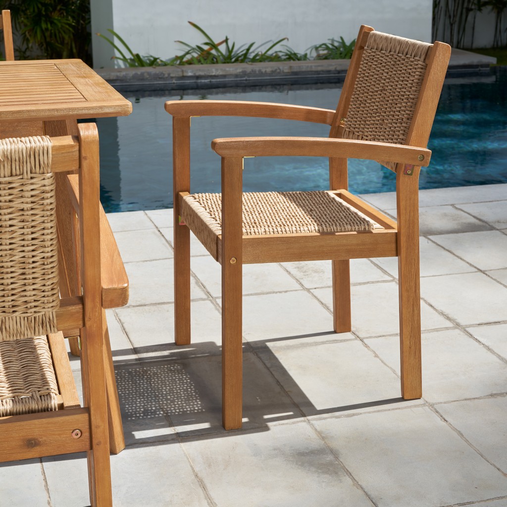 22" Set of Two Natural Wood and Rattan Indoor Outdoor Dining Chairs - Image 6
