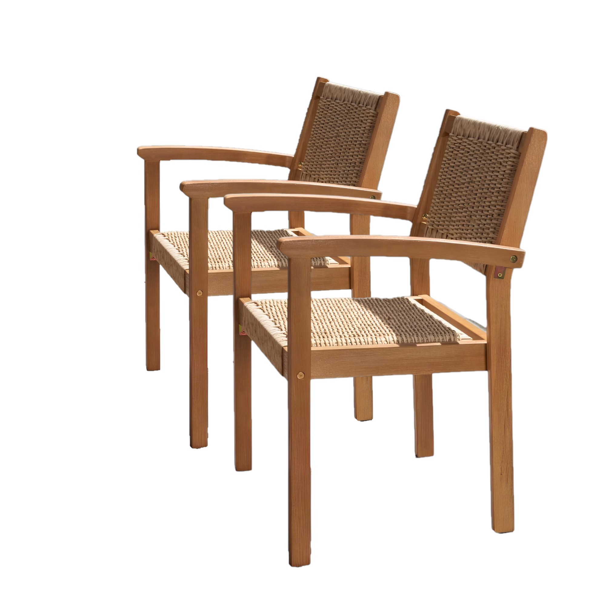 22" Set of Two Natural Wood and Rattan Indoor Outdoor Dining Chairs - Image 8