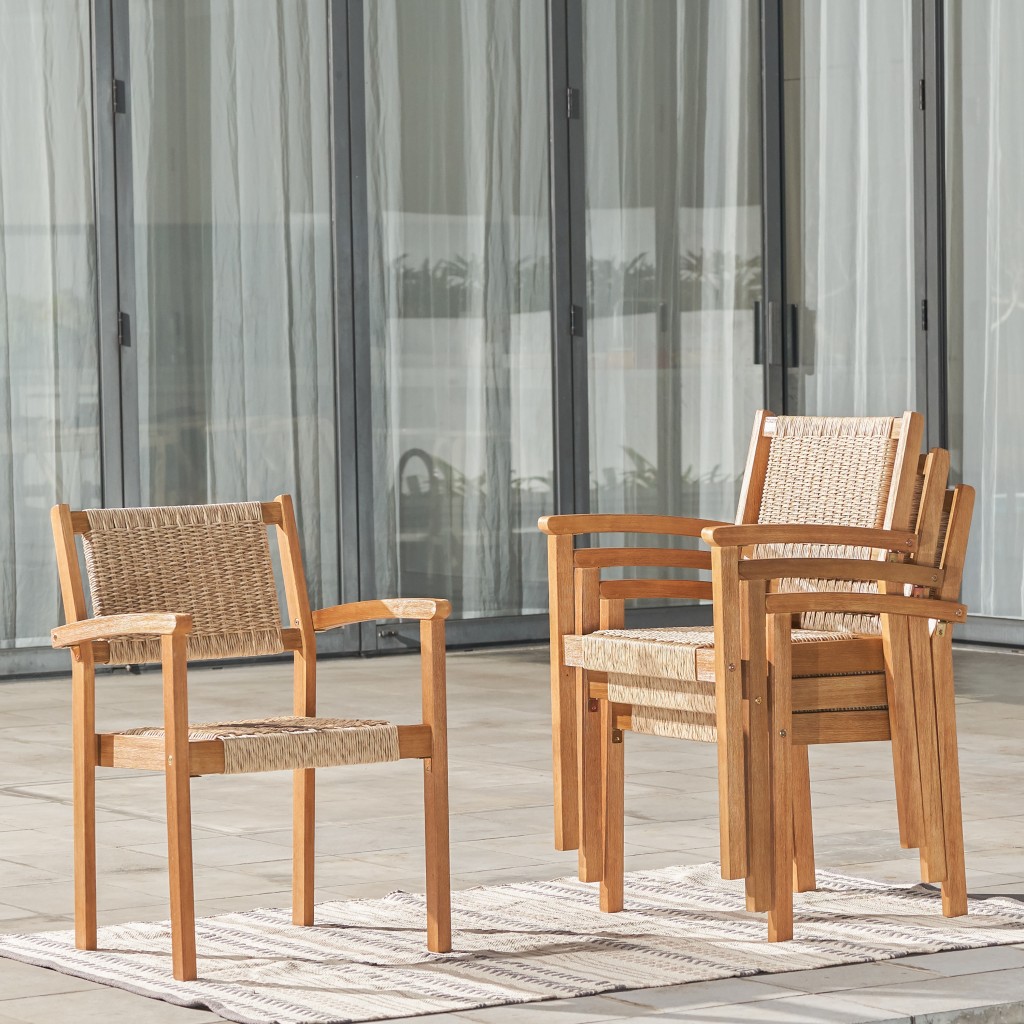 22" Set of Two Natural Wood and Rattan Indoor Outdoor Dining Chairs - Image 13