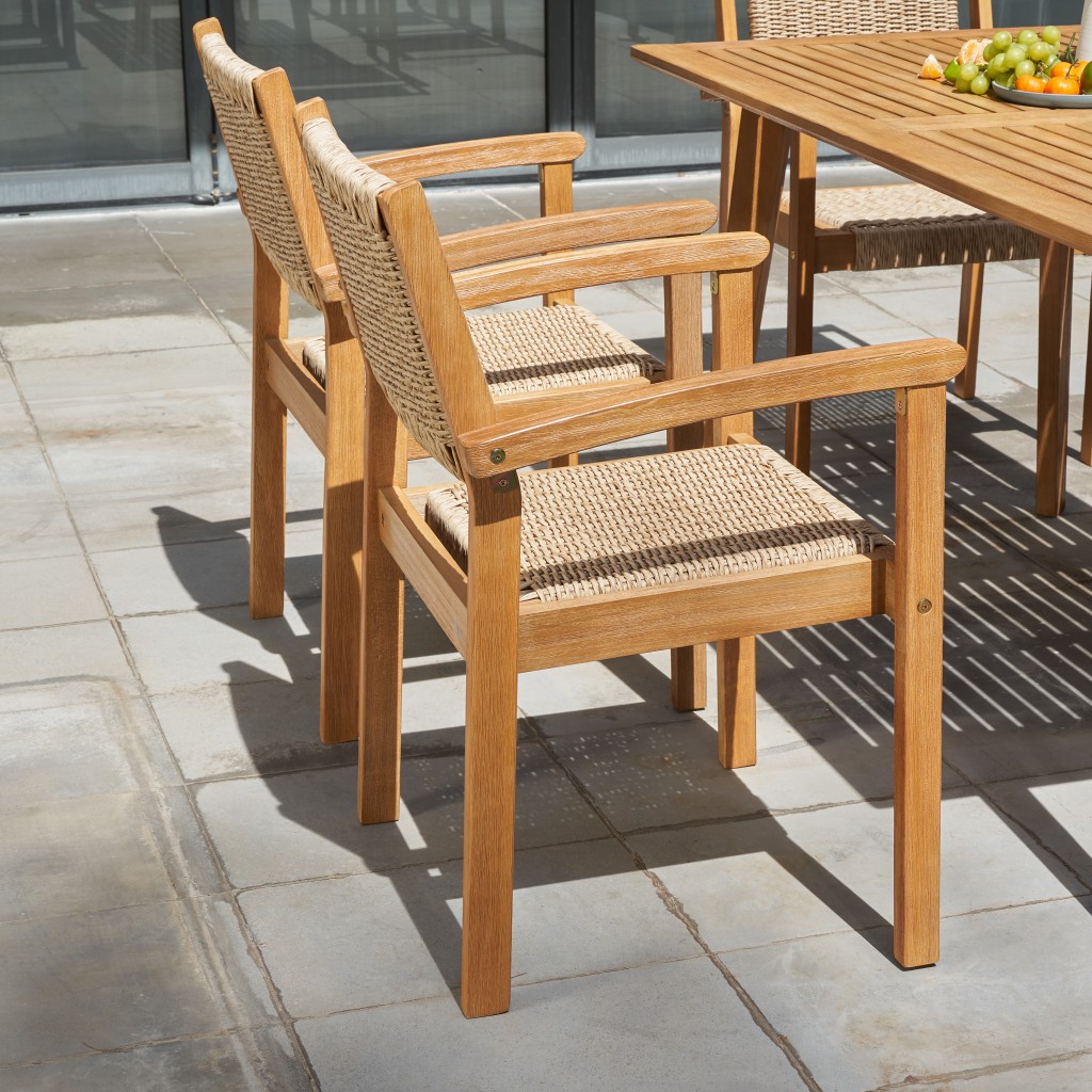 22" Set of Two Natural Wood and Rattan Indoor Outdoor Dining Chairs - Image 7