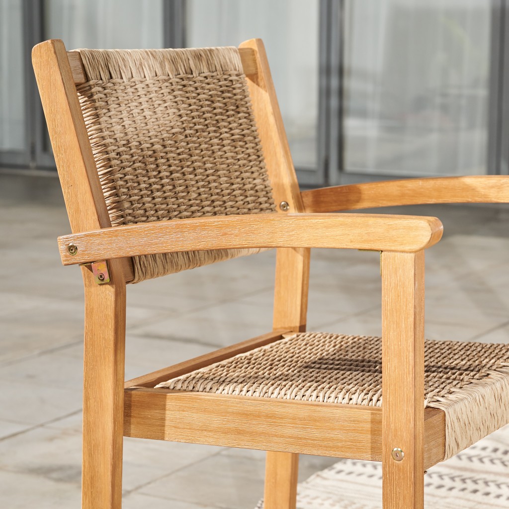 22" Set of Two Natural Wood and Rattan Indoor Outdoor Dining Chairs - Image 11