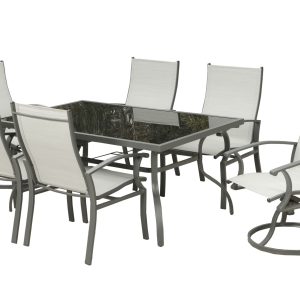 Seven Piece Black and Gray Rectangular Glass Dining Set with Six Chairs