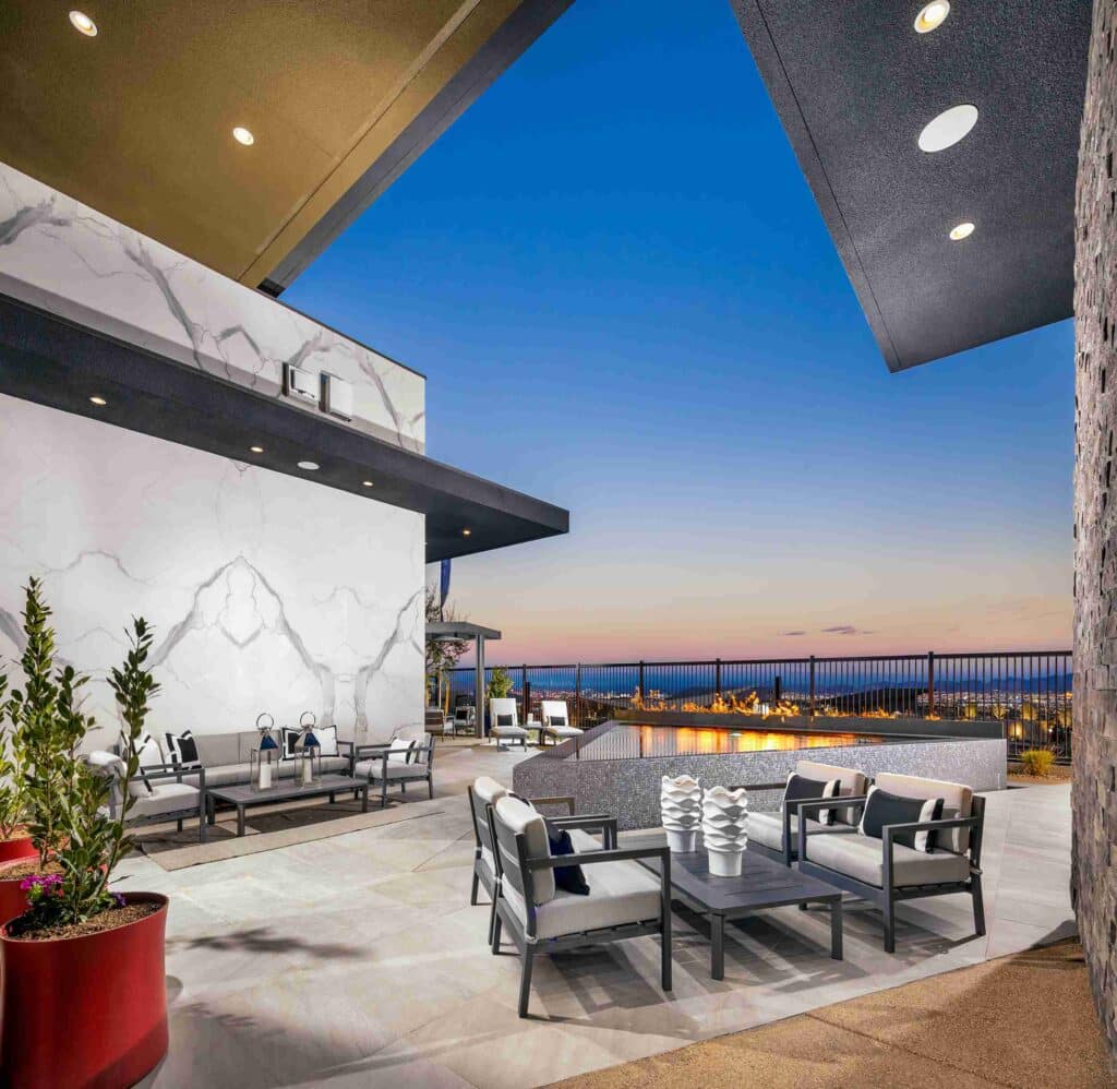 Custom pool by Edgewater Custom Pools – Peak @ Mesa Ridge Boulder Desert Contemporary Outdoor Patio Twilight
